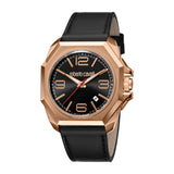 ساعة روبرتو كافالي رجالية ذات هيكل بلون ذهبي وردي، من الستانلس ستيل مع مينا سوداء وحزام جلدي اسود