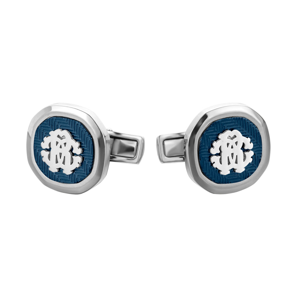 Roberto Cavalli Silver Color Cufflinks with Blue Pattern