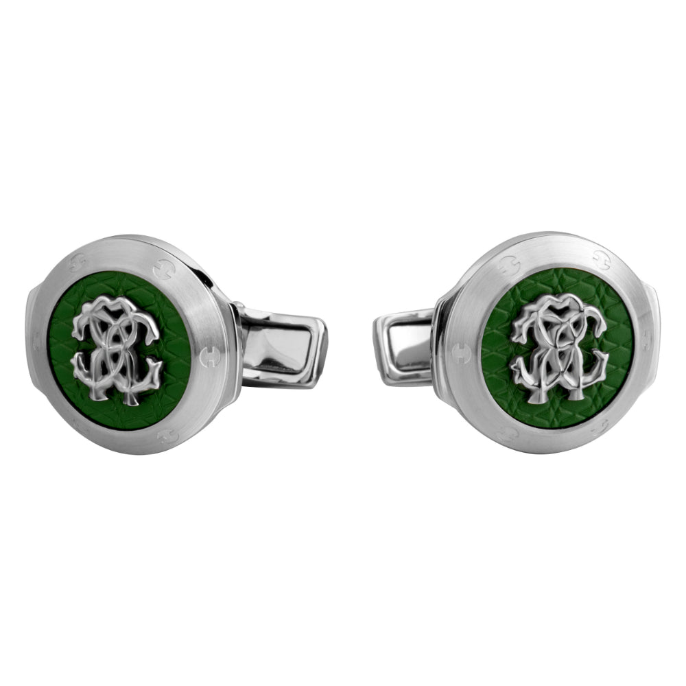 Roberto Cavalli Silver Color Cufflinks with Green Color Center | Accessories | Cufflink | Cufflinks | GCC | Men | Mens | MF Accessories