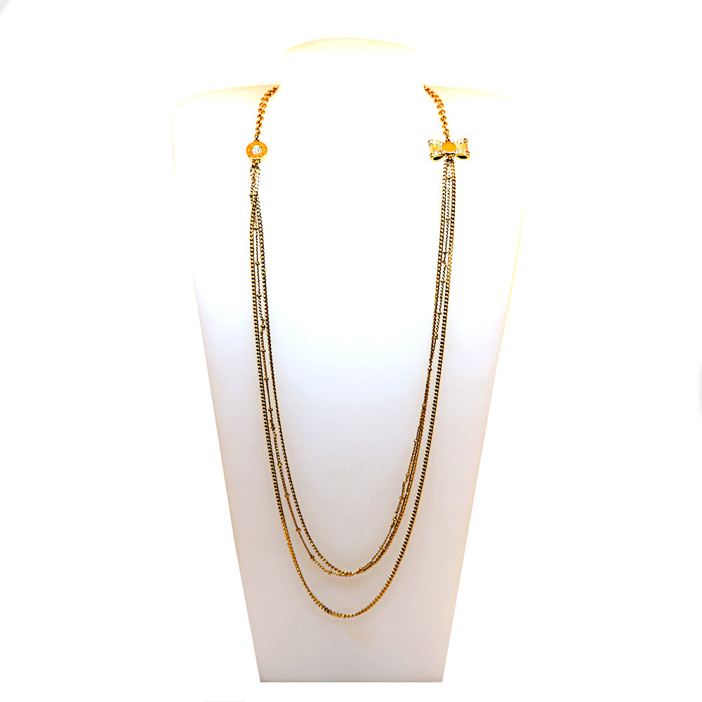 Rochas Necklace Ip Gold Double Chain With Round /Ribbon Design & Stone | Fashion Jewellery | GCC | Jewellery | Necklace | SP | Women Necklaces | Womens