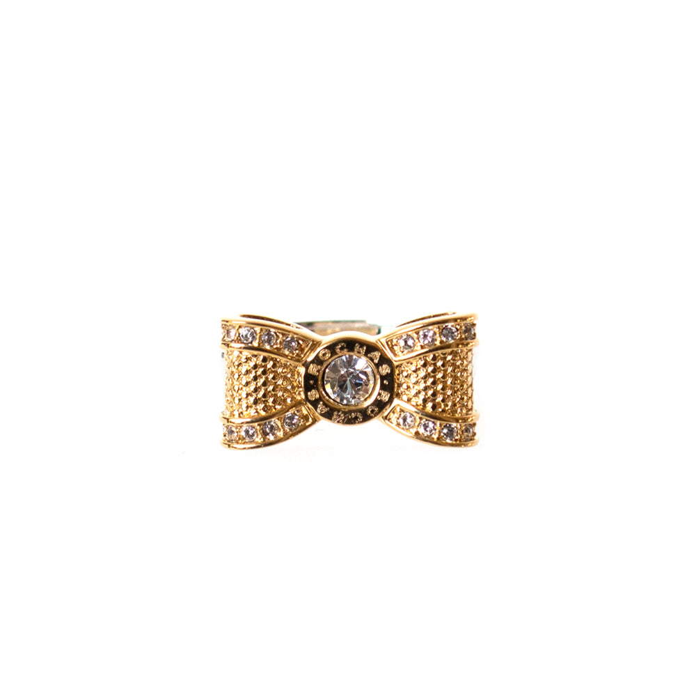 Rochas Ring Silver Color/Ip Gold Color Ribbon Design On Top With Stones