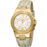 ساعة فري ميلانو نسائية مرضعة بالكريستال ذات هيكل ذهبي ومينا صدفية وحزام جلد رمادي