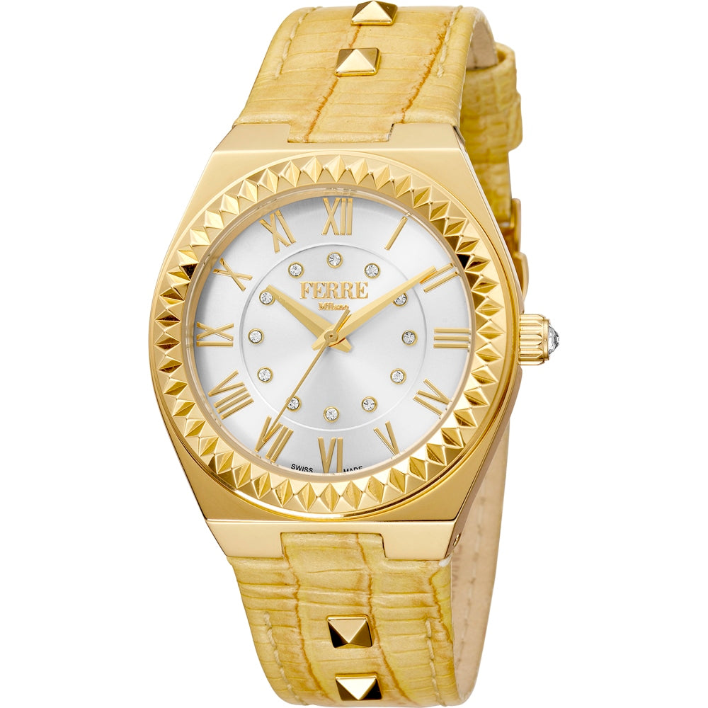 Ferre Milano Watch Gold Case Beige Leather Strap W/Stone Ladies Watch