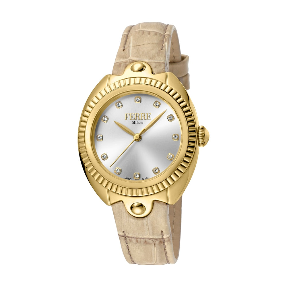 Ferre Milano Ladies Watch Golden Color Case With Beige Leather Strap