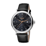 Ferre Milano Men'S Stainless Steel Watch Black Dial With Black Leather Strap