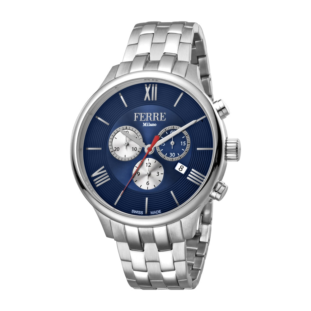 Ferre Milano Men'S Chronograph Watch Stainless Steel Case & Bracelet With Blue Dial