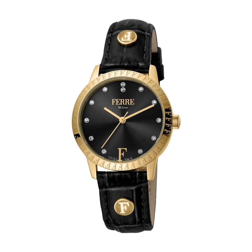 Ferre Milano Ladies Watch Stainless Steel Case With Black Leather