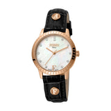 Ferre Milano Ladies Watch Ip Rose Gold Case Mother Of Pearl Dial With Black Leather Strap