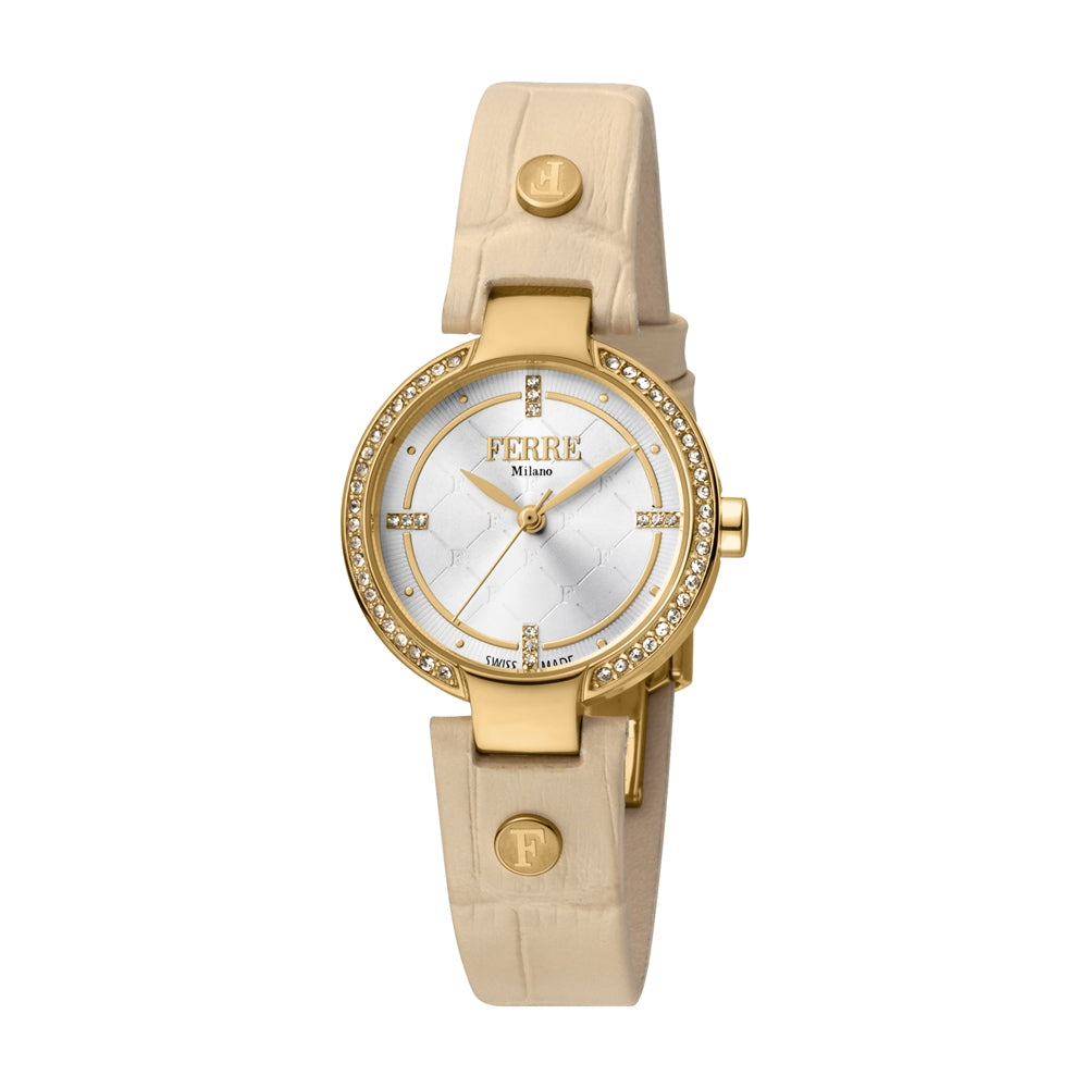 Ferre Milano Ladies Watch Ip Gold Case Beige Leather Strap