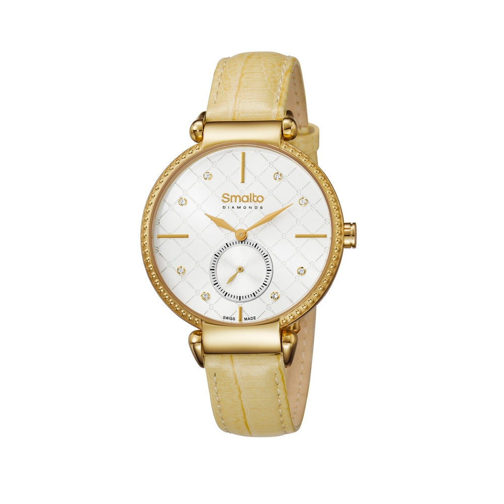 Smalto Ladies Watch Ip Gold Case White Dial Cream Color Leather Strap With Diamond | Fashion Watches | GCC | SP | Womens Smalto Ladies Watch Ip Gold Case White Dial Cream Color Leather Strap With Diamond | Fashion Watches | GCC | SP | Womens
