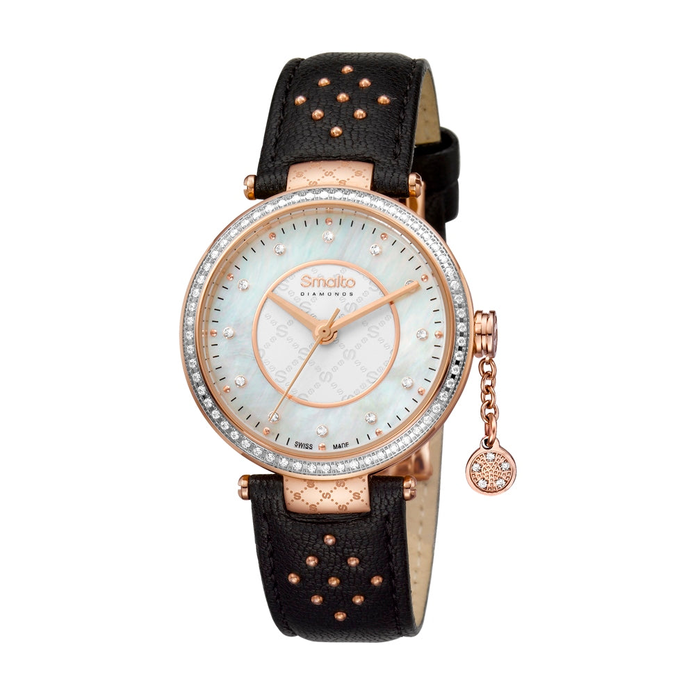 Smalto Ladies Watch Ip Rose Gold Case Black Leather Strap And Mop Dial With Diamond | Fashion Watches | GCC | SP | Womens Smalto Ladies Watch Ip Rose Gold Case Black Leather Strap And Mop Dial With Diamond | Fashion Watches | GCC | SP | Womens