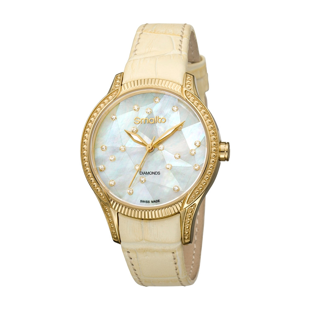 Smalto Watch Ladies Watch Stainless Steel Ip Gold Case With Cream Leather Strap & Mop Dial With Diamond | Fashion Watches | GCC | SP | Womens Smalto Watch Ladies Watch Stainless Steel Ip Gold Case With Cream Leather Strap & Mop Dial With Diamond | Fashion Watches | GCC | SP | Womens