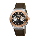 Smalto Men Watch, Two Tone Silver & Rose Gold Color Case, Black Dial, Brown Strap