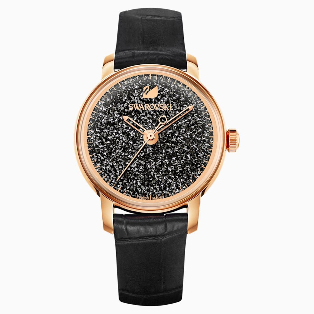 Swarovski Crystalline Hours Watch Leather Strap Black Rose-Gold