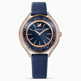 Swarovski Crystalline Aura Watch Leather Strap Blue Rose-Gold Tone