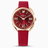 Swarovski Crystalline Aura Watch Leather Strap Red Rose-Gold Tone