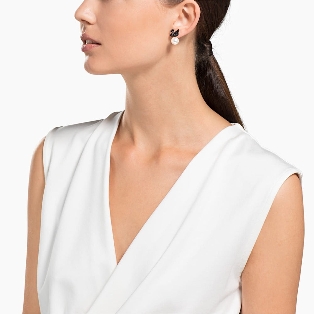 Swarovski Iconic Swan Pierced Earring Jackets Black Rose-Gold Tone