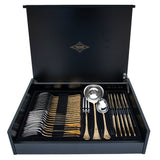 Tresors Spring Handle Gold Cutlery Set 75 Pcs 18/10 Wood Box