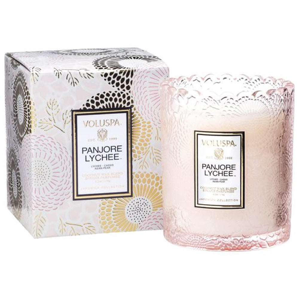Voluspa Panjoree Lyche Tinted Scalloped Edge Glass Candle | Candle | Home Candle | Linen Candle Voluspa Panjoree Lyche Tinted Scalloped Edge Glass Candle | Candle | Home Candle | Linen Candle