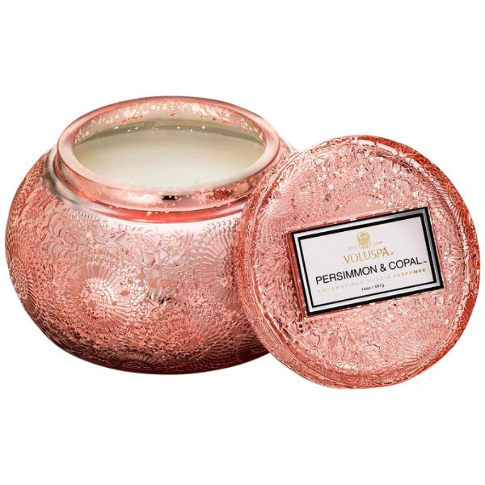 Voluspa Persimmon And Copal Embossed Glass Candle Bowl W Lid | Candle | Home Candle | Linen Candle Voluspa Persimmon And Copal Embossed Glass Candle Bowl W Lid | Candle | Home Candle | Linen Candle