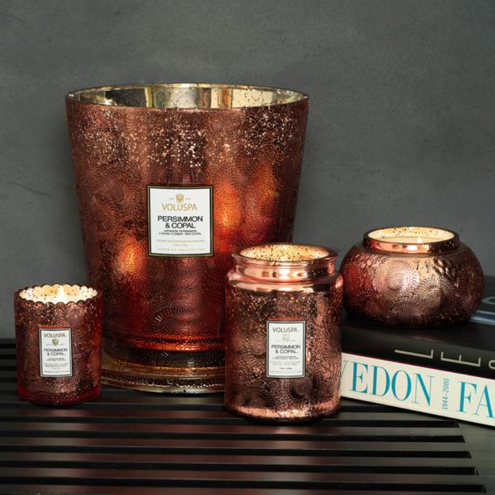Voluspa Persimmon And Copal Embossed Glass Candle Bowl W Lid | Candle | Home Candle | Linen Candle Voluspa Persimmon And Copal Embossed Glass Candle Bowl W Lid | Candle | Home Candle | Linen Candle