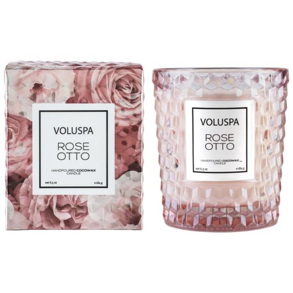 Voluspa Rose Otto Classic - In Textured Glass Candle | Candle | Home Candle | Linen Candle Voluspa Rose Otto Classic - In Textured Glass Candle | Candle | Home Candle | Linen Candle