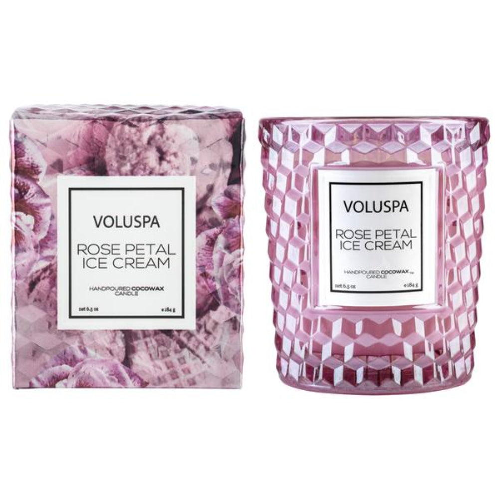 Voluspa Rose Petal Ice Cream Classic Textured Glass Candle | Candle | Home Candle | Linen Candle Voluspa Rose Petal Ice Cream Classic Textured Glass Candle | Candle | Home Candle | Linen Candle