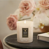 Voluspa Santal Vanille Boxed Scalloped Edge Embossed Glass Candle