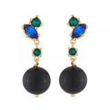 Les Nereides Dangling Stud Earrings With Onyx Pearl And Green And Blue Rhinestones
