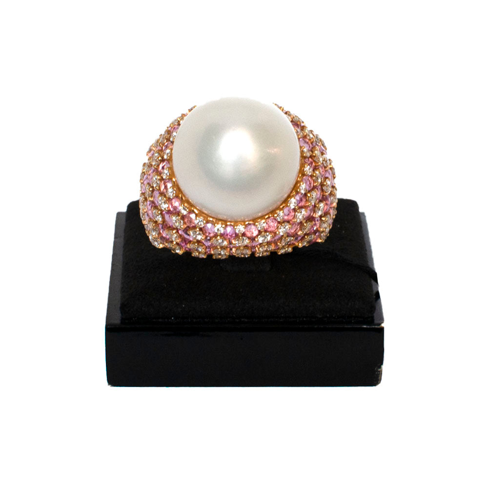 Digo Ring 18 Carat Pink Gold Brilliant Cut Diamonds, Pearls & Sapphires Size 7
