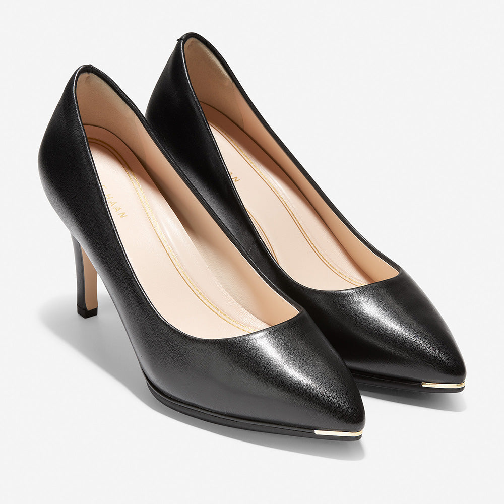 Cole Haan Grand Ambition Pump (75mm) Black Leather Sole Edge Brushed Gold
